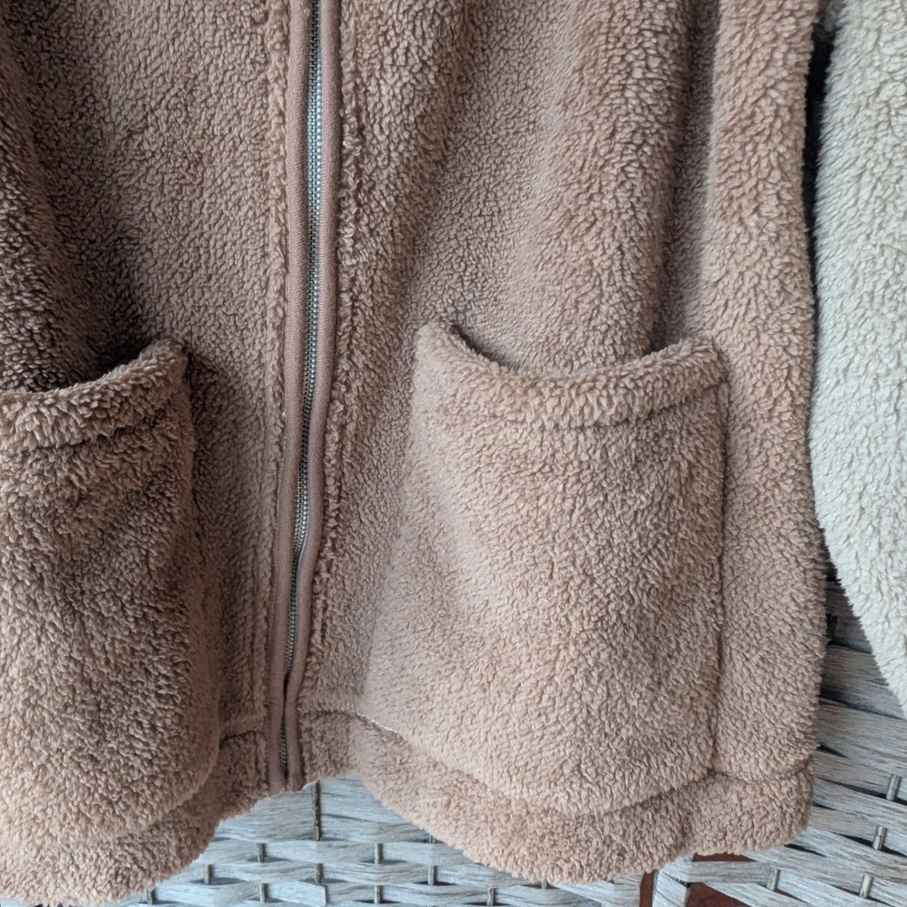 Hollister Colorblock Sherpa Fleece Full Zip Jacket Tan Reversible Womens Sz M - Picture 2 of 10